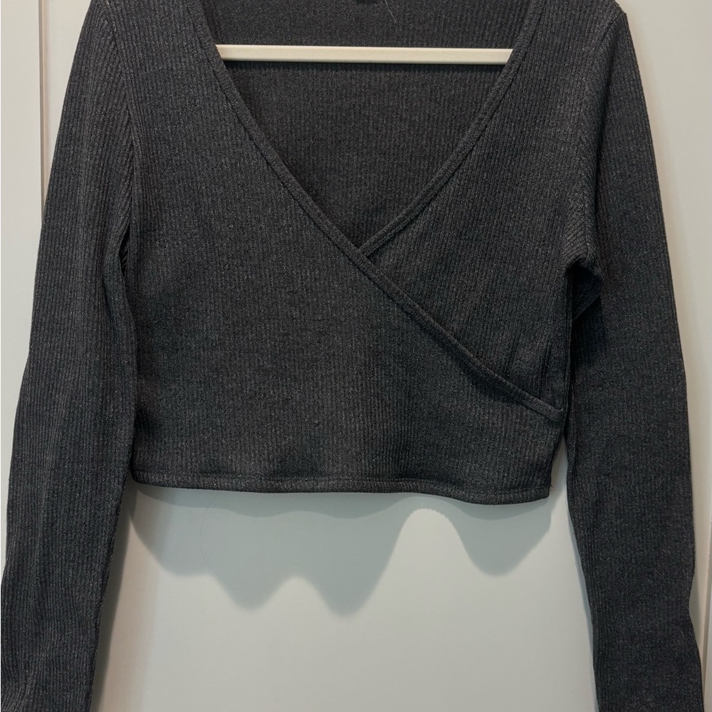 Garage Dark Gray Ribbed Wrap Crop Top
